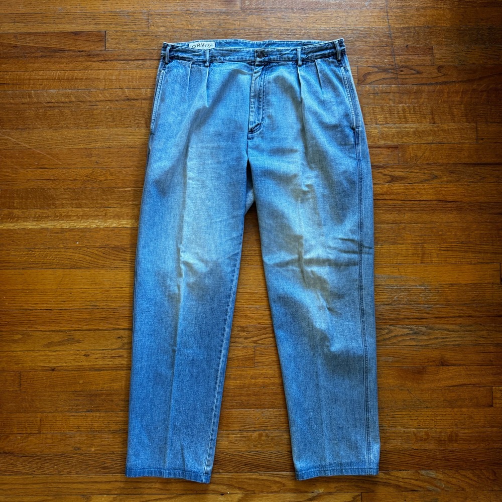 Vintage Orvis Zambezi Collection Mens 37x30 Pleated Denim Light Wash Blue‎